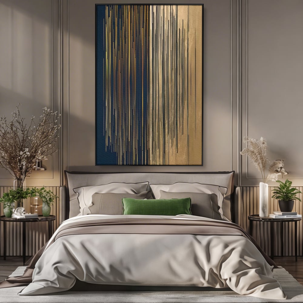 Tablou canvas cu tablou abstract cu linii verticale aurii, in rama de aluminiu negru, pe perete intr-un dormitor
